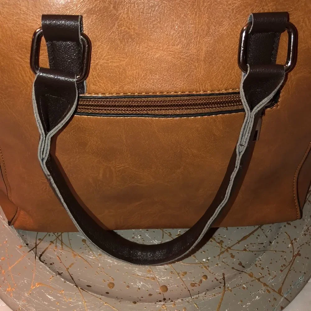 Faux Leather Satchel in Caramel Brown Combo with detailed zippers